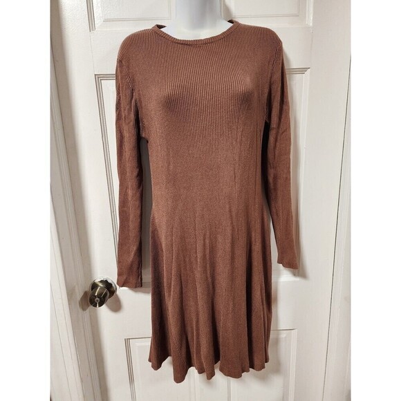 Women Long Sleeve Round Neck A-Line Brown Dress Large - Picture 2 of 8